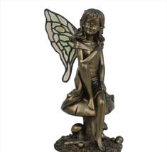 Fairy Figurine Sitting Mushroom Bronzed Color 11&quot; High Poly Stone Freestanding - £34.02 GBP