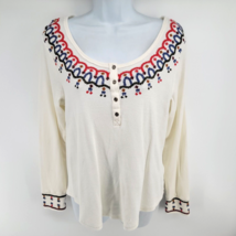 Lucky Brand Top Long Sleeve Thermal Button Henley Size L White Boho - £12.59 GBP