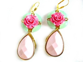 Statement Earrings, Pink Earrings, Pink Green, Multicolor Earrings, Rose Earring - £22.33 GBP