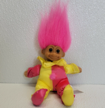 Vintage Russ Berrie Troll Pink Yellow Clown Jester Plush Doll Pink Hair - £5.96 GBP