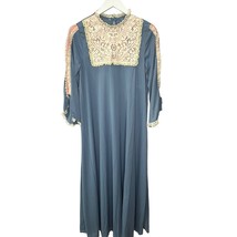 Vintage 60s Gilead Nylon Nightgown Lace High Neck Key Hole Size S Blue 56&quot; Long  - £54.45 GBP