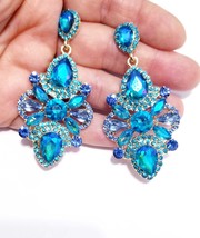Bridesmaid Drop Earrings, Rhinestone Crystal Earrings, 3 inch Blue Chandelier Ea - £30.84 GBP