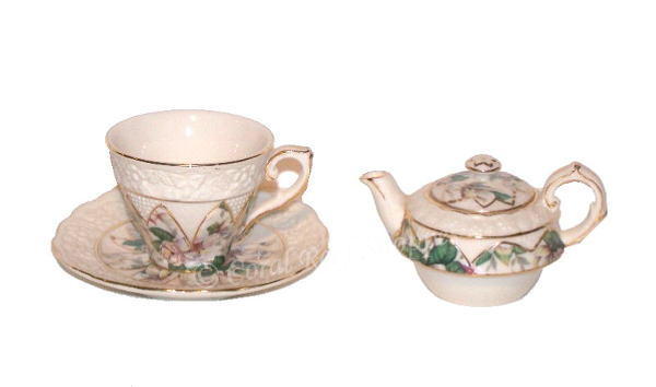 Vintage Teapot Tea Cup Saucer Demi Set Cream Yellow Gold Embossed Scallo... - $6.99