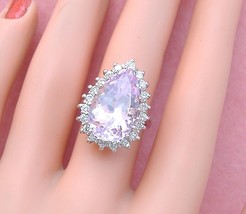 Vintage 10.5ct Pink Kunzite .60ctw Diamond Halo 18K High Pear Cocktail Ring 1950 - £1,800.21 GBP
