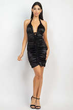 Black Halter Satin Deep V Neck Backless Ruched Bodycon Clubwear Night Out Mini D - £9.59 GBP