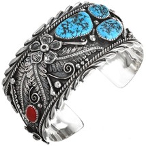 Natural Turquoise Coral Bracelet Sterling Silver Navajo Big Boy Mens Cuff sz7-9 - £671.74 GBP+
