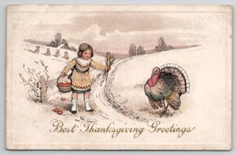 Thanksgiving Greetings Girl Corn Apple Basket Turkey 1914 Wilton ME Postcard K29 - £7.15 GBP