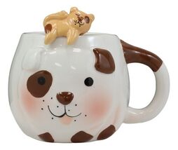 White Tramp Dog Ceramic Coffee Cappuccino Cup Mug &amp; Sleeping Puppy Spoon... - $20.49