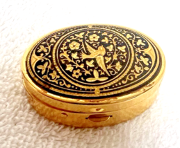 Beautiful Bird in Flight &amp; Floral Pillbox Pill Box Gold Tones &amp; Blacks 1... - $18.32