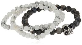 Three Simulated White Marble &amp; Black Lava Beaded Stainless Steel Skull B... - $31.45 CAD