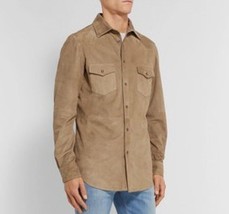 Mens Beige Suede Leather Shirt Jacket Men Soft Leather Suede Trucker Jacket - £87.84 GBP+