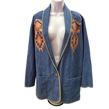 Gotcha Covered women L Blue Jean Tribal jacket denim embroided Front pocket - $28.49