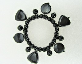 Vintage Costume Jewelry, Black Beaded Bracelet, Triangle, Circle Charms ... - $10.73