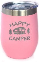 Happy Camper Wine Tumbler With Sliding Lid - Stemless Stainless Steel, Pink - £28.61 GBP