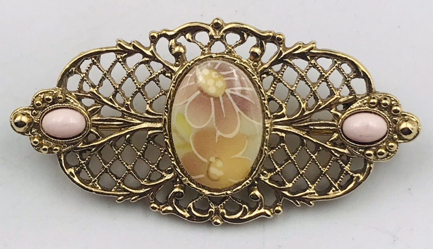 Primary image for Vintage Gold Tone Filigree Style Ceramic Floral Cameo Brooch Pin 2.25" x 1.25"