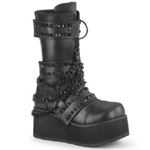 DEMONIA TRA138/BVL Mens Unisex Platform Black Punk Studded Chains Mid-Calf Boots - £115.24 GBP