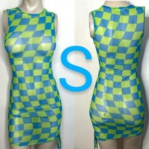 Blue &amp; Green Checkered Print Mesh Mini Bodycon Dress~Size S - £20.66 GBP