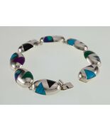 Vintage Mexico Sterling Silver Multi-Color Inlay Pie Cut Stone Bracelet ... - $9,624.78 MXN