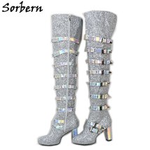 Silver Glitter Art Performance Boots Punk Style Block Heels Kinky Boots Guy Foot - £337.54 GBP