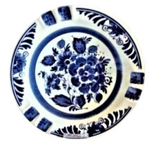 Vintage Floral Ashtray 6&quot; Delft Blue Distel Art Pottery Hand Panted - £8.01 GBP