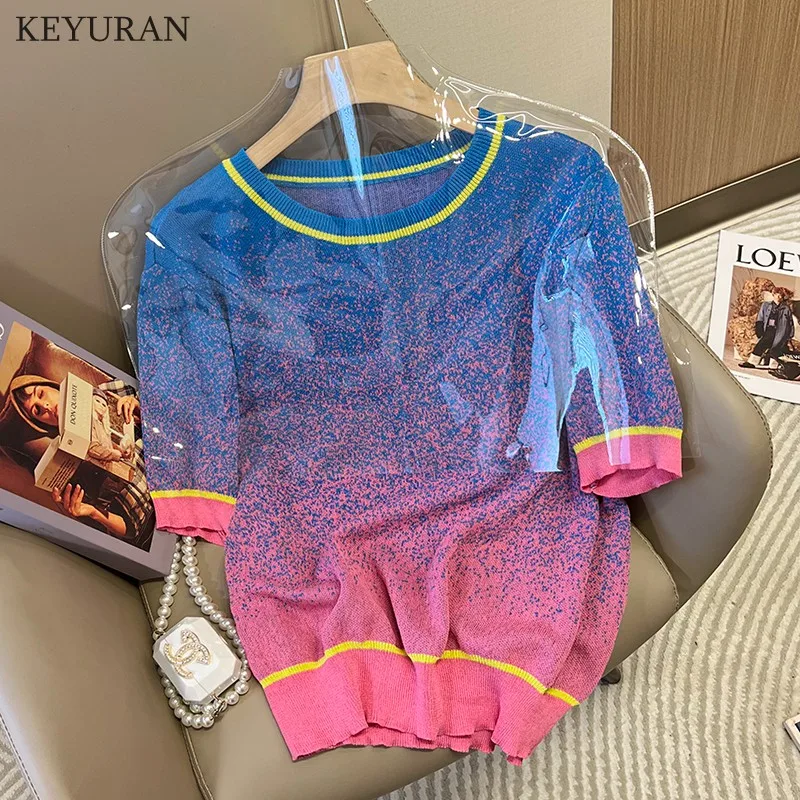  Summer Colorful Gradient Color Matching O-neck Loose Short-sleeved Ice Silk  Wo - £104.50 GBP