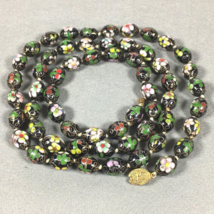Chinese Export Cloisonné Enamel Beads Necklace 36&quot; Black Pink Green Vintage - £95.70 GBP