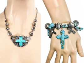 Bundle-Lot Reconstructed Turquoise Christian Cross Necklace Earrings Bra... - $23.75