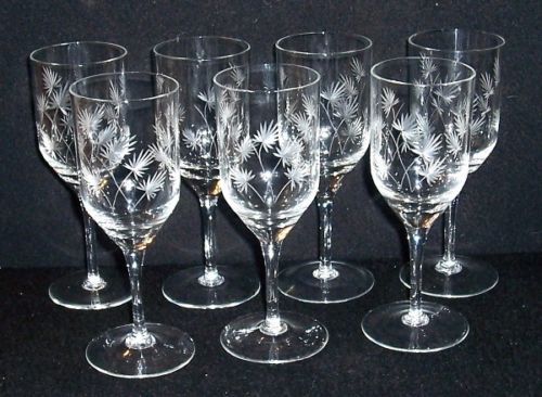 Primary image for 7  Vintage Cut Etched Glass Floral Burst Stem Glass WINE 6 Oz Bar Glasses