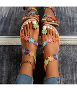 Rainbow Flower Embroidered Womens 42EU Tan Slip On Sandal Shoe - £18.45 GBP