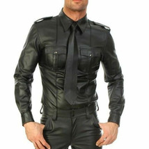 MEN&#39;S REAL BLACK LAMBSKIN LEATHER POLICE MILITARY STYLE SHIRT GAY BLUF CUIR - $101.58