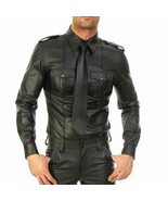MEN&#39;S REAL BLACK LAMBSKIN LEATHER POLICE MILITARY STYLE SHIRT GAY BLUF CUIR - $165.64 CAD