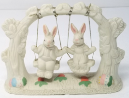 Bunny Rabbits Swing Figurine Spring Easter Ceramic Couple 1980s Vintage - £15.10 GBP