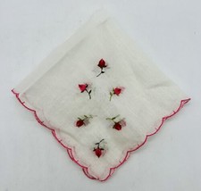 Vintage Womens Sheer White Hankie Red Roses Floral Embroidered Scalloped Edge - £14.85 GBP