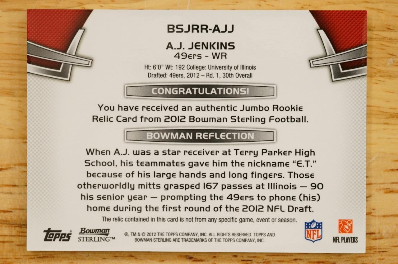 2012 Bowman Sterling Jumbo Rookie Relic AJ Jenkins BSJRR-AJJ San Francisco 49ers Item image 2