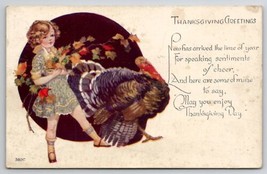 Thanksgiving Greetings Girl Autumn Leaves Large Turkey Postcard K29 - £5.55 GBP