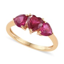 14K or Jaune Plaqué 3.30 CT Coeur Coupe Simulé Rubis 3-Stone Fiançailles Bague - £98.23 GBP