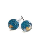 Shiny Blue Glass Marble Gold Tone Heart Print Mini Stud Earrings - £18.19 GBP