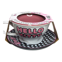 Hello Kitty Pink &amp; Black Polka Dot Tea Cup &amp; Saucer Ceramic Valentines D... - $12.82