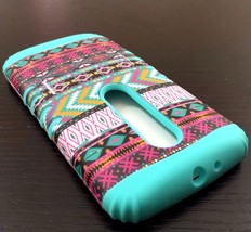 For Motorola Moto G (3Rd Gen) Hard&amp;Soft Hybrid Case Pink Mint Blue Aztec Tribal - £12.77 GBP