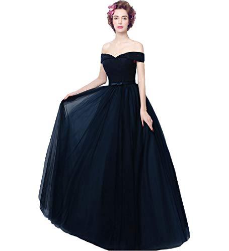 Off The Shoulder Tulle Long Pleats Evening Prom Dress with Sash Dark Navy US 16