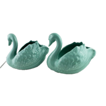 Vintage Fitz and Floyd Set of Two Aqua Swan Candleholders 1985 - $29.70