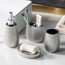 Silver Bathroom Accessory Set 4 Piece Ceramic Bath Accessories Sets Complete Rai - £43.46 GBP
