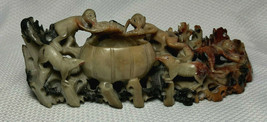 VTG Chinese Carved Soapstone Inkwell Pot Trinket Dish Monkeys And Capybaras  - £31.56 GBP