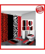 Stylish 4PCS Red &amp; Black Leopard Print Shower Curtain Set with Essential... - $580.77 MXN