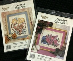 2 Cross Stitch Kits Cat on Heart 60497 Blue Ribbon Floral 60455 New Golden Bee - $17.45