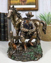 Rustic Western Desert Tranquility Cowboy Sitting By Fence And Horse Figurine - £63.94 GBP