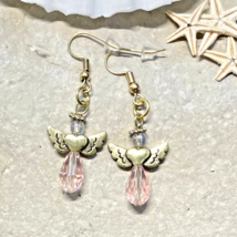 Women&#39;s Gold Tone Pink ANGEL Earrings Faceted Glass Crystal Beads French Hooks - £6.50 GBP