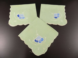 Vintage Handkerchief 3 Green Scalloped Edged Blue Flower Cut Work 11 x 9.5&quot; - £4.34 GBP