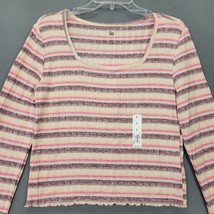 So Women Shirt Size L Pink Stretch Preppy Stripe Classic Ribbed Long Sleeve Top - £17.24 GBP