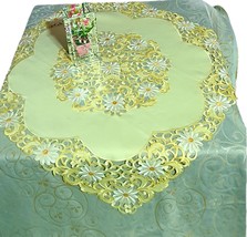 Summer Yellow Table Topper White Green Flower, Embroidered, Rustic Decor... - £34.76 GBP